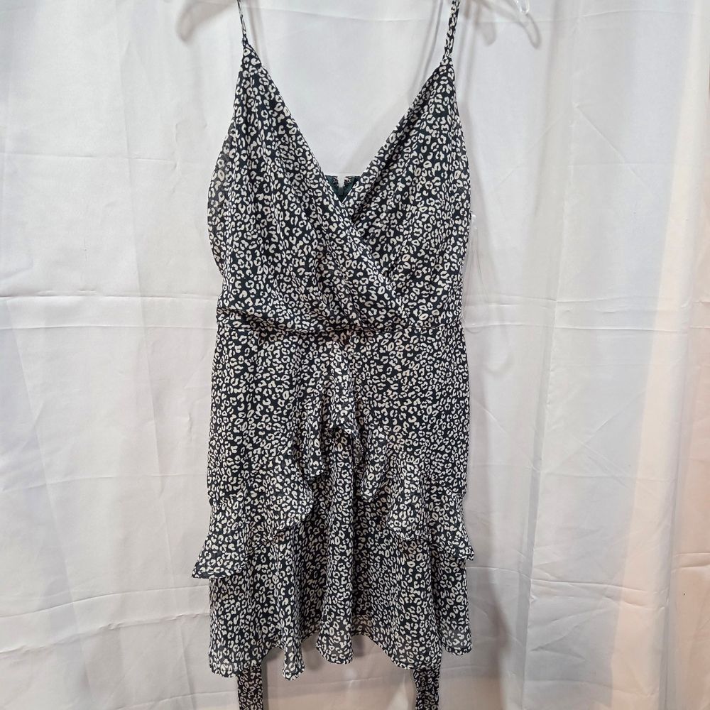 Gold Pinstripe Green Cheetah Print Layered Ruffle V-Neck Mini Dress Sz M Metalli